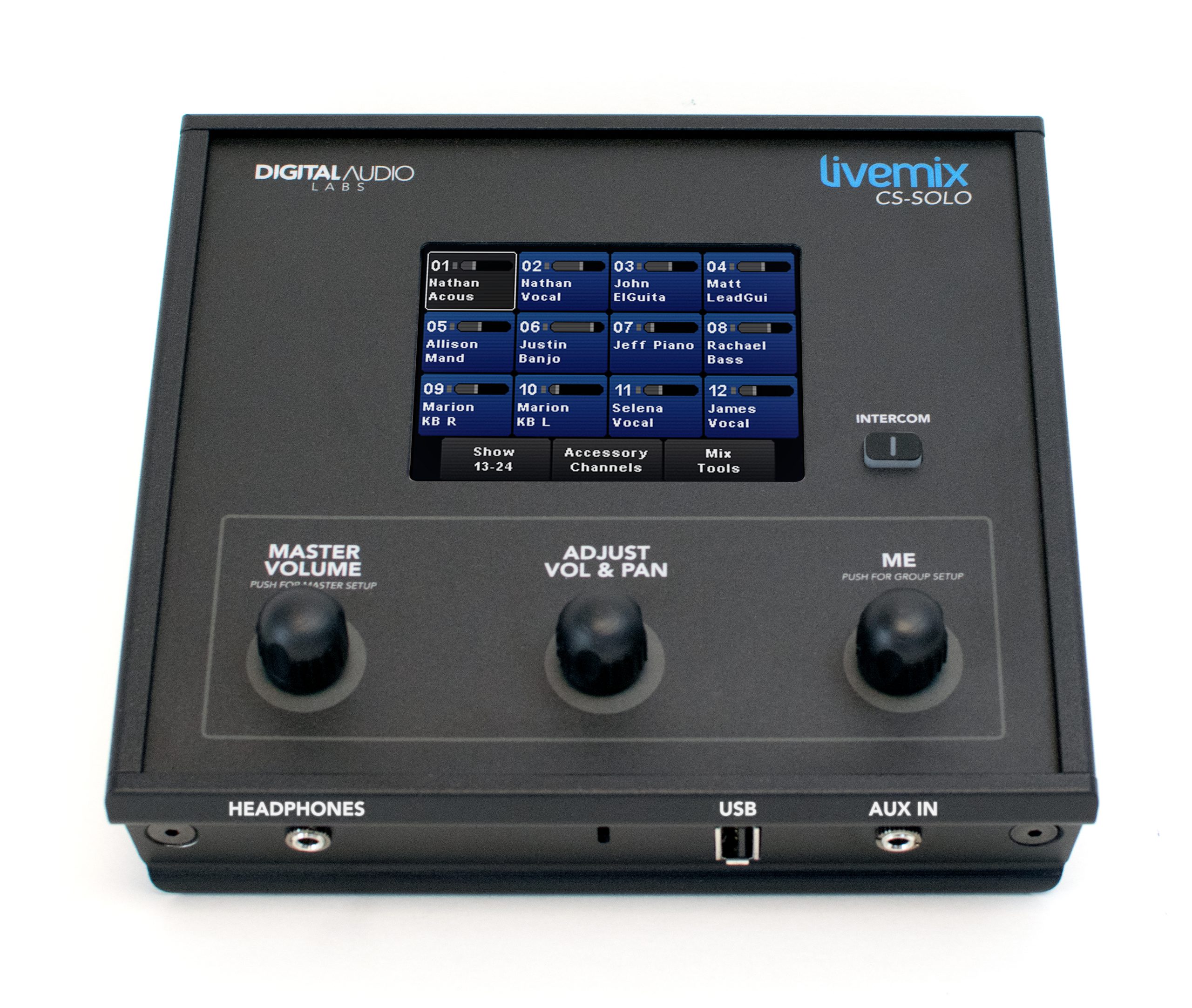 Livemix CS-SOLO personal mixer for 24 channel system top at an angle