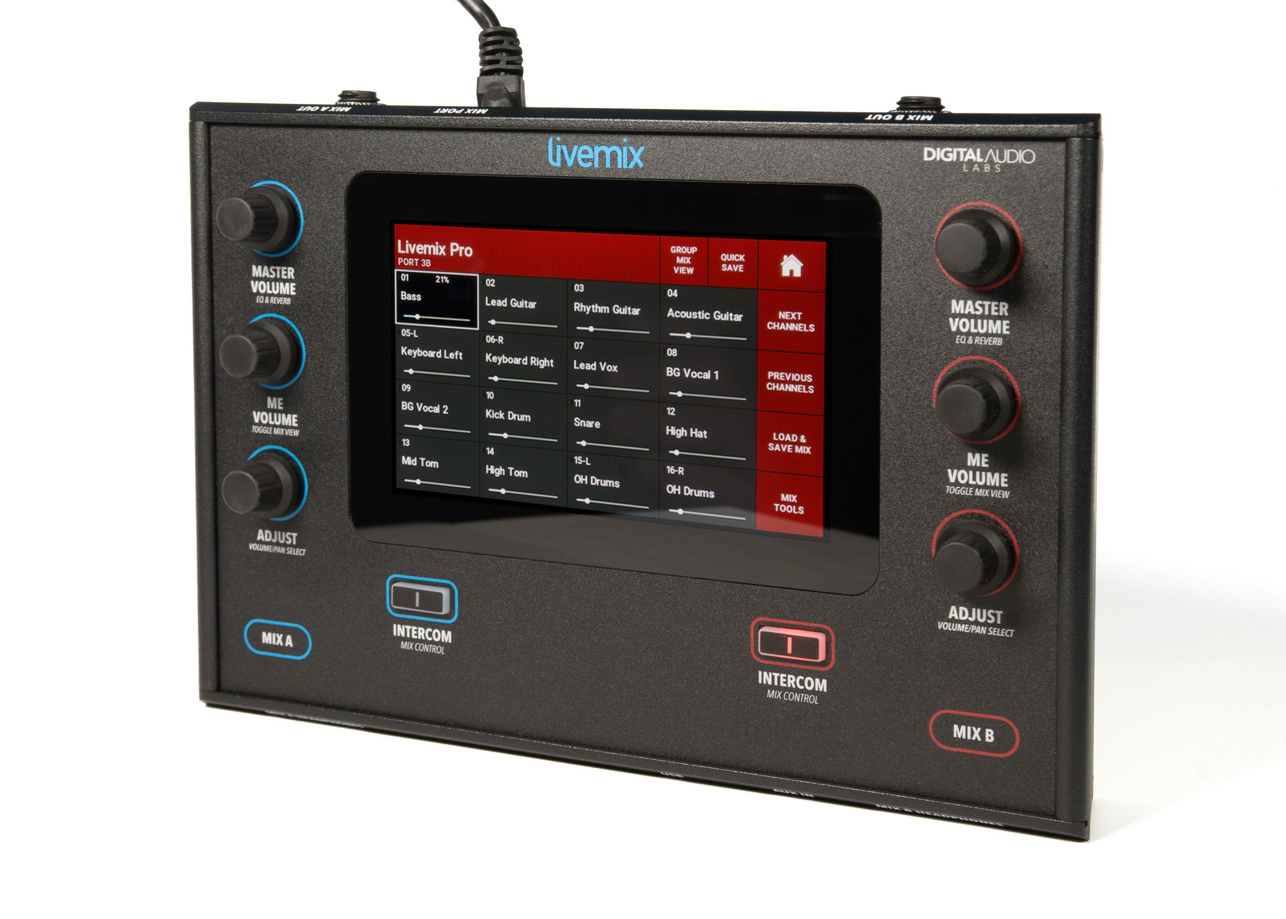 Livemix PRO DUO  personal mixer front red side mix angled